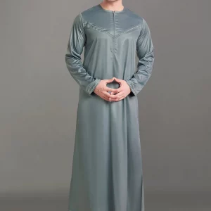 Premium Shiny Omani Thobe With Front Zip Grey