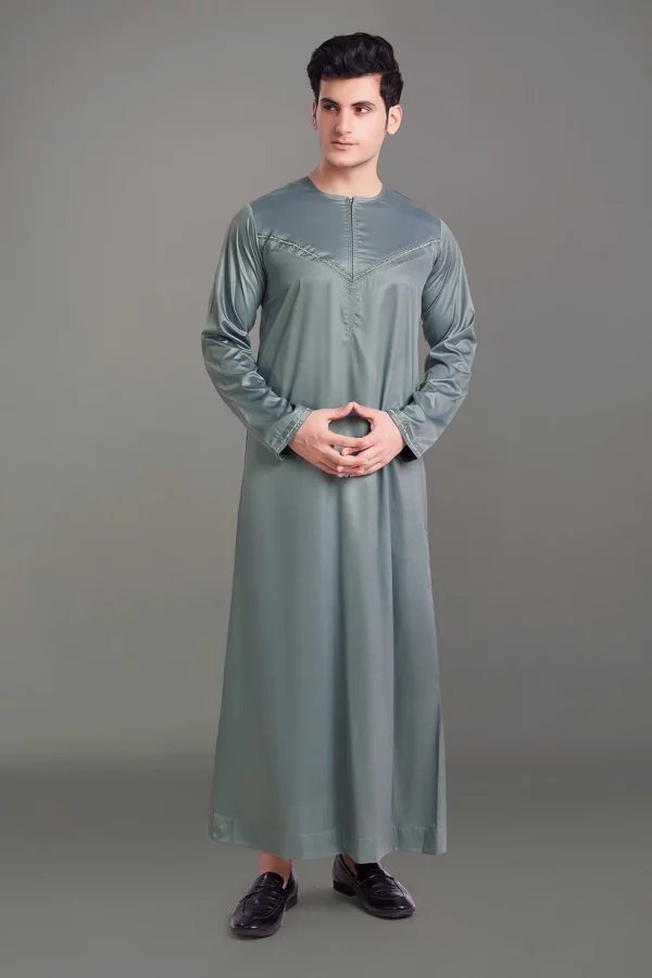 Premium Shiny Omani Thobe With Front Zip Grey