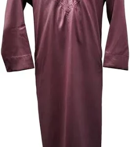 Omani Style Shiny Collarless Kids Thobe With Zip- Burgundy