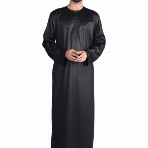 Omani Silky Black Mens Jubba Thobe Shiny Polyester Material Black