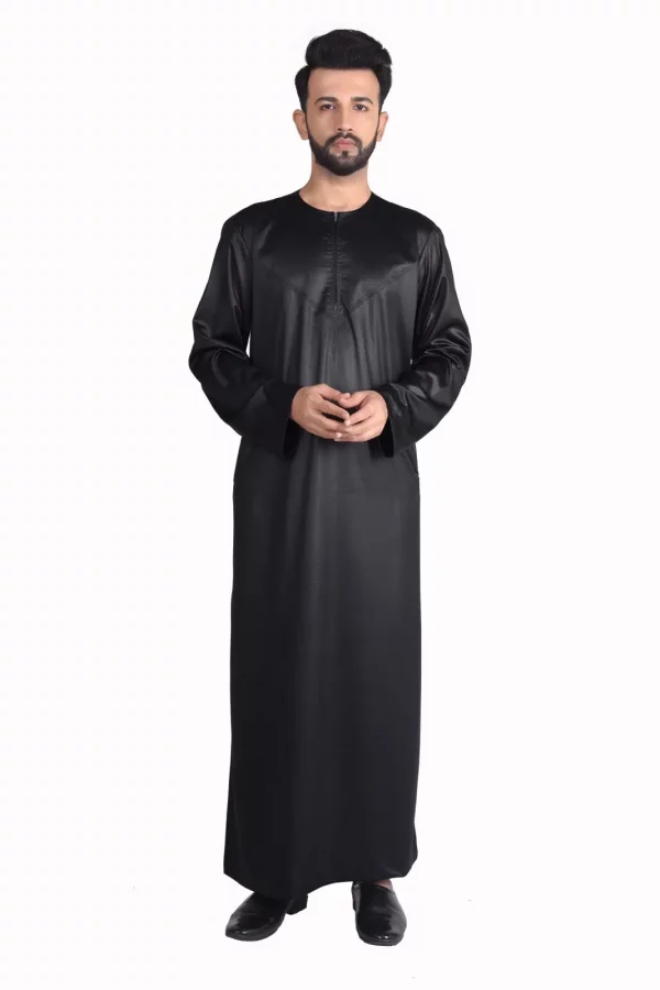 Omani Silky Black Mens Jubba Thobe Shiny Polyester Material Black