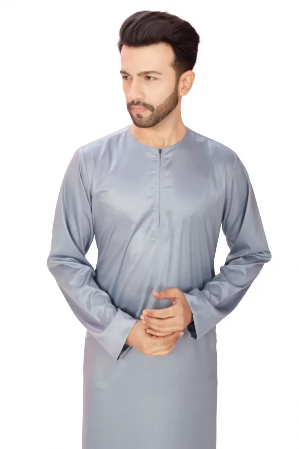 Omani Silky Mens & Boys Jubba Grey Thobe Shiny Soft Material - Image 4