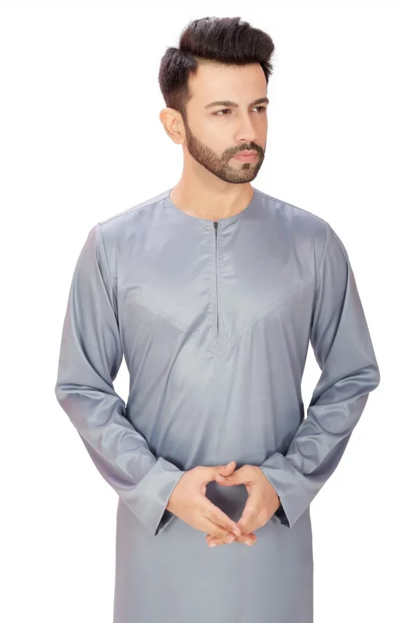Omani Silky Mens & Boys Jubba Grey Thobe Shiny Soft Material - Image 5